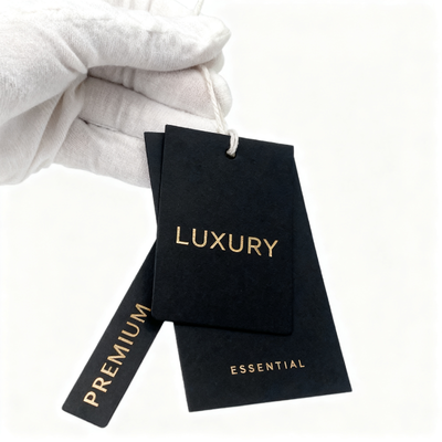 Hechas de papel de arte de doble cara y cordón de algodón de 3 mm, estas etiquetas de ropa son ideales para su uso en bolsas y maletas de ropa, y cuentan con un logotipo de marca impreso digitalmente.