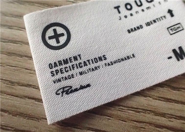 Etiquetas tejidas algodón de la ropa con el logotipo blanco del gráfico del fondo y de la impresión