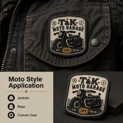Etiquetas personalizadas de ropa de transferencia de calor de estilo motocicleta PVC con logotipo en relieve 3D para chaquetas ropa callejera ropa de trabajo sombreros bolsos e identificación de marca de garaje
