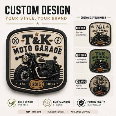 Etiquetas personalizadas de ropa de transferencia de calor de estilo motocicleta PVC con logotipo en relieve 3D para chaquetas ropa callejera ropa de trabajo sombreros bolsos e identificación de marca de garaje