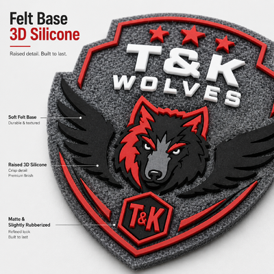 Emblema de silicona 3D de base de fieltro con logotipo personalizado con rasgos de costura en equipo duradero. Parche personalizado hecho directamente de fábrica OEM.