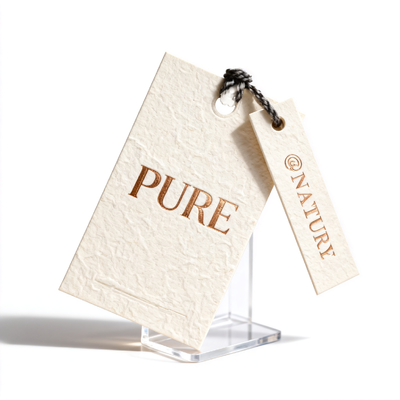 Hechas de papel de arte de doble cara y cordón de algodón de 3 mm, estas etiquetas de ropa son ideales para su uso en bolsas y maletas de ropa, y cuentan con un logotipo de marca impreso digitalmente.