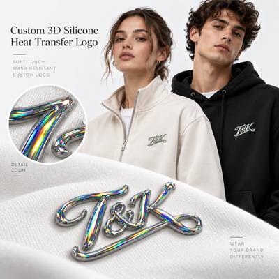 Logotipos de transferencia de calor de silicona 3D holográfica | Etiquetas personalizadas para ropa
