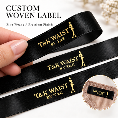 Etiquetas de ropa tejidas personalizadas ecológicas con diseños personalizados y MOQ bajo de 100 unidades para marcas de moda premium
