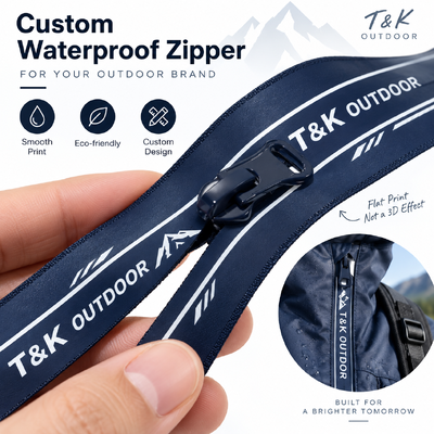 Cremallera metálica impermeable personalizada con bloqueo automático y logotipo impreso para chaquetas de exterior y ropa deportiva